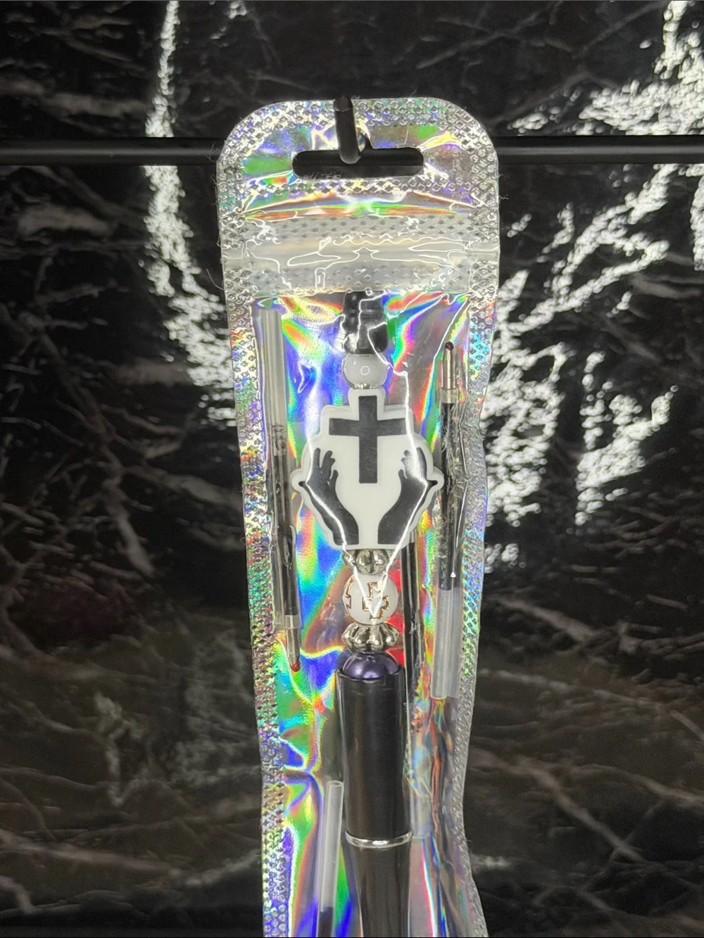 Black Cross Focal Bead Pen  Black and Blue Ink